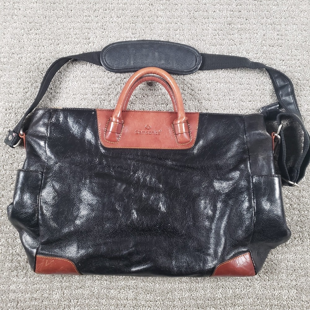 Samsonite Heritage Industries Large Satchel Tote Bag Black Brown Leather Zip Top